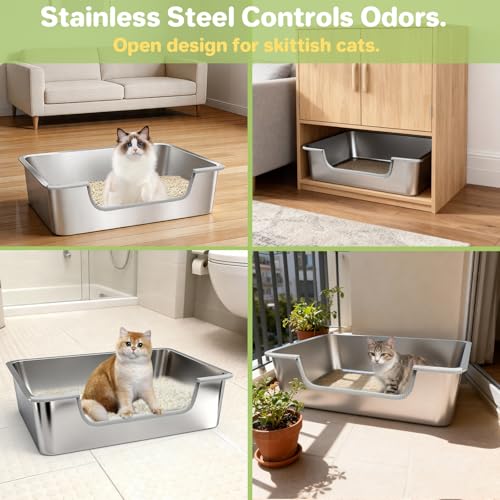 2-Pack Low Entry Litter Box for Senior Disabled & Injured Cats, Stainless Steel High Sided Enclosed Easy Step in Entry-Metal Kitty Litter Box for Kittens, Odor Control (17.7"x13.8"x5.9") - size: 2PACK-17.7"x13.8"x5.9"-M