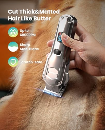 oneisall Dog Clippers for Grooming Thick/Matted Hair, 4-in-1 Grooming Kit | Detachable Stainless Steel Blade, Powerful Motor, IPX6 Waterproof, Low Noise, Paw Trimmer and Nail Grinder, 9 Guide Combs