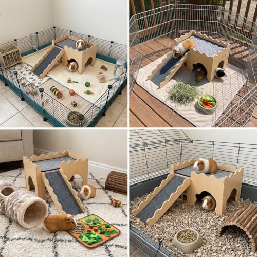 Wooden Guinea Pig Hideout Cave House, Guinea Pig Castle with Natural Cave-Style Entrance, Large Small Animal Habitat with Stairs, Waterproof Liner, Easy Assembly for Guinea Pigs, Rabbits & Hamsters - color: Cave Hideout