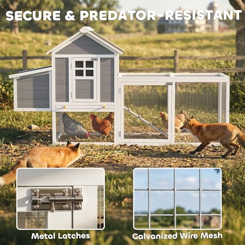 PawHut 82" Wooden Chicken Coop for 2-3 Hens with Nesting Box Gray | Large Outdoor Hen House Poultry Hutch, Pull-on Tray, Waterproof Roof, Ramp, Roosting Bars, Backyard Use