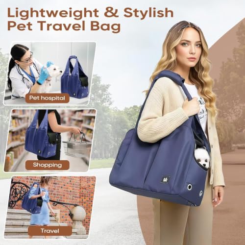 Dog Purse Carrier for Small Dogs, Cats, and Puppies – Soft-Sided Travel Pet Tote Bag with 4 Large Pockets, Foldable, Lightweight, Fits Pets up to 15 lbs, for Travel, Outings (Dark Blue) - color: Dark Blue