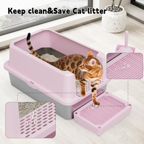 RIZZARI Stainless Semi-Closed Litter Box: High-Sided Open for Large Cats | 304 Stainless Bottom / 6.5" High Splash Guard / Low Front Entry / Spacious for Large Breeds / 30-Second Tool-Free Assembly - color: Pink, 1 Pack