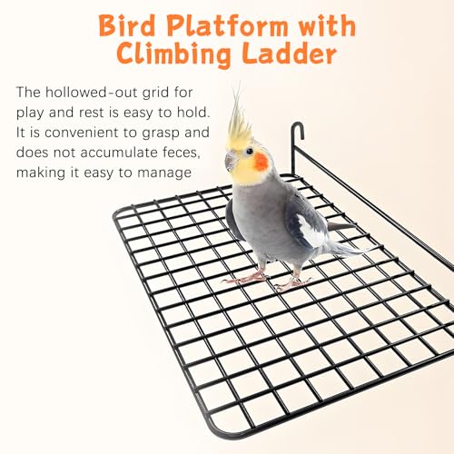 BNOSDM 4 PCS Bird Perches Platform, Stainless Steel Grid Platform for Parakeet Parrot Stand with Climbing Ladder Bird Cage Accessories for Small to Large Birds (White)