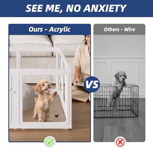 Clear Acrylic Dog Playpen Indoor, Puppy Cat Small Pet Play Pen, Pet Cat Playpen for Rabbits, Dog Fence Crate Kennel Whelping Cage (24", White, 10 Panels)