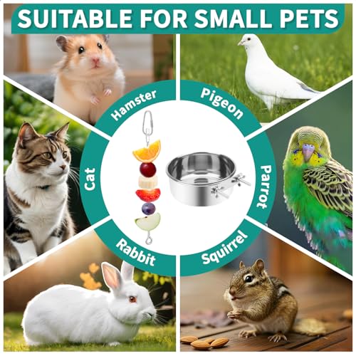 2 Pcs Bird Feeder Bowls with 2 Pcs Food Holder for Cage, Parrot Food Water Bowls and Fruit Skewer Foraging Toy, Stainless Steel Bird Feeding Dish Cups for Small Animals (Silvery, 4 Pcs)