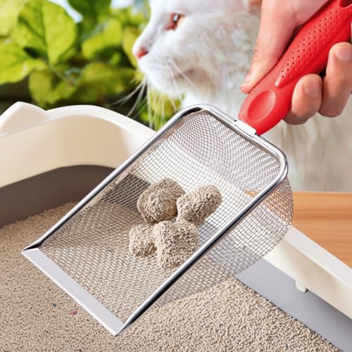 Cat Litter Scoop,Sturdy Litter Cleaner Corner Shovel,Stainless Steel Mesh Litter Shovel,Easy to Clean Reptile Terrarium Sand Waste,Beach Shovel(Red) - color: Red