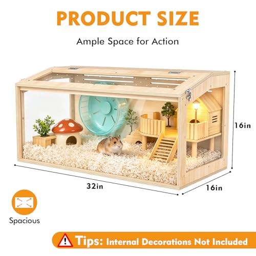 XiaZ Hamster Cage,32Inch Large Hamster Cage with Panoramic View and Ventilated Top, Spacious Acrylic Glass Habitat for Syrian Dwarf Hamsters and Degus, Natural Wood Frame Enclosure - size: 32.0"L x 16.0"W x 16.0"H