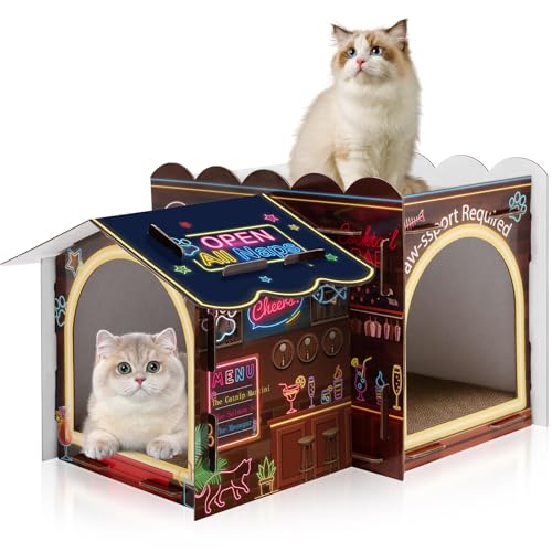 Lineshading 2 Story Cardboard Cat House with Scratcher Pad, Multi Level Durable Cat Scratcher House for Small Kitten Bunny Rabbit Animals Christmas Birthday Gift(17x12x10,Bar) - style: Bar