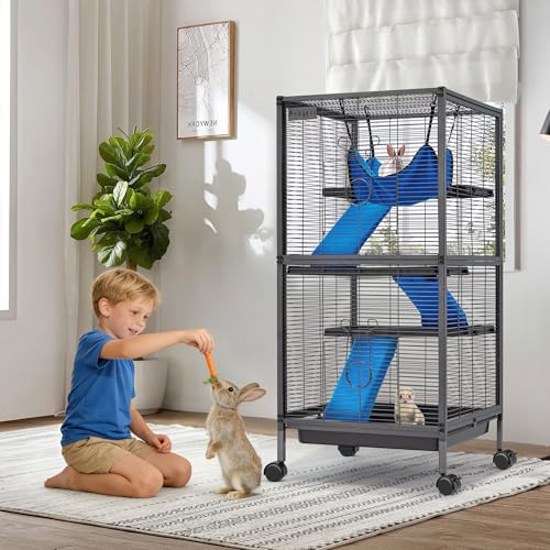 Fragess Small Animal Cage, 45''H Large Metal Rolling 4-Tiers Guinea Pig Cage, Ferret Cage, Rabbit Cage, Chinchilla Cage for Rats/Hamsters, 0.5'' Bar Spacing with Removable Ramp & Platform (Medium)