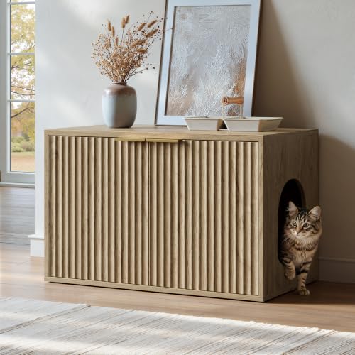 Evermagin 31.5" Cat Litter Box Enclosure Furniture | Oak Hidden Litter Box Cabinet, Modern Indoor Cat House, Fluted Kitty End Table for Living Room, Bedroom, Entryway - color: Oak
