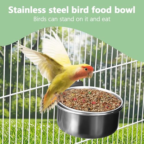2 Pack Stainless Steel Bird Food Bowls with Clamp - Rust Proof Metal Feeding Cups for Parrot Cage, Easy Clean Water Dish for Cockatiel Conure Budgie Parakeet Small Animal (3.9 Inch, Silver)