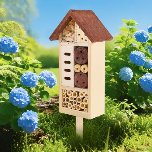 Lulu Home Wooden Insect House with Stake, 19.7 X 3.4 X 5.4 Inch | Hanging & Inserting Two Mount Ways, For Bee, Butterfly, Ladybirds, Beneficial Insect Habitat, Bug Hotel Garden