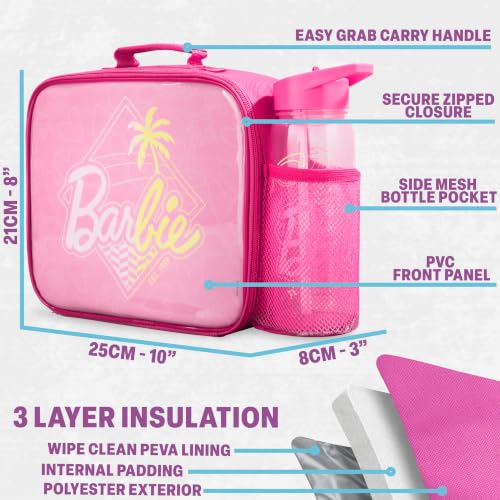 Get Trend Barbie Girls Lunch Bag, Bento Box & Water Bottle 3 Piece Set | Insulated Lunch Bag, 3 Compartment Lightweight Snack Box, 22 fl oz BPA-Free Water Bottle with Straw, School, Gifts for Girls - color: Pink Barbie