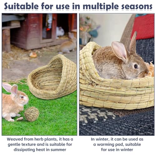 kathson Rabbit Grass House Bunny Woven Hay Bed Guinea Pig Hideout Hand Woven Natural Grass House for Hamster and Small Animals with Hay Chew Balls Toys - size: 11.1×8.3×6.8in,Large