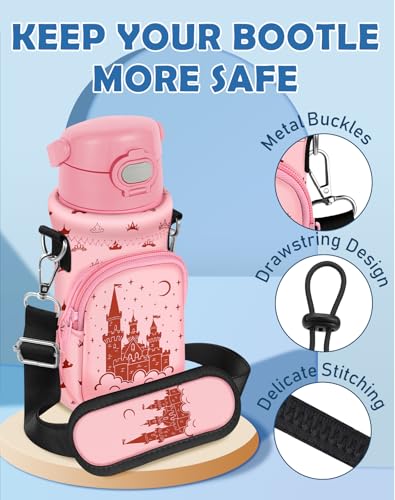 Water Bottle Carrier with Strap for Kids, 14-20 oz | Insulated, Neoprene Water Bottle Holder Bag with Pocket, Cute Cartoon, Bottle Bag for boys and girls, Walking Hiking Camping - color: Pink Castle
