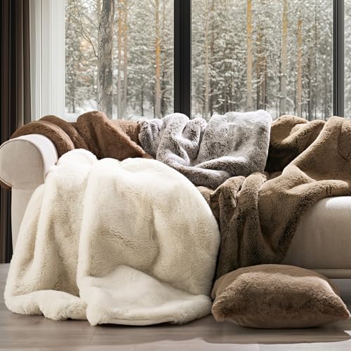 EVERGRACEHOME Faux Chinchilla Fur Throw Blanket, 72"x90", Champagne Fawn | Luxury, Super Soft, 1220GSM, Fluffy Cozy Mink, Reversible Velvet Back, Warm Thick Heavy Winter Queen Blanket for Bed, Gift - color: Champagne Fawn, size: 72"x90"