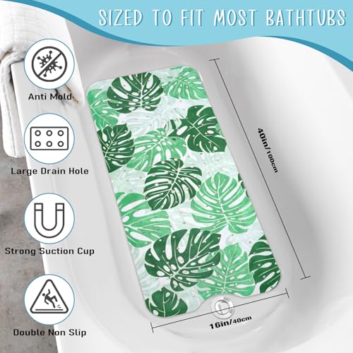 Tropical Leaves Bathtub Mat Non Slip, Boho Bath Tub Mat Baby Bath Mats for Bathroom Anti Slip Shower Mats for Inside Shower, Green Plants Bathmat with Suction and Drain Holes Machine Washable, 40″x16″ - color: D01, size: 40" x 16" (Rectangular)