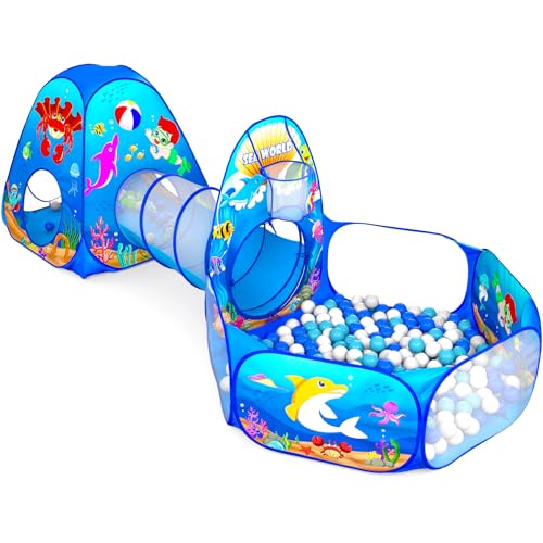 GeerWest 3PC Kids Ball Pits for Toddlers with Kids Play Tent, Tunnel for Baby, Children Pop Up Indoor/Outdoor Playhouse Toy for Boys and Girls, Best Birthday Gifts for 3 4 5 Years Old - style: 3pc Ocean Ball Pit