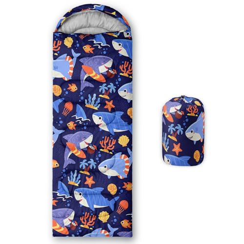 QOOMO Camping Sleeping Bags,3 Season Warm & Cool Weather,Lightweight,Waterproof Sleeping Bags for Adults & Kids,Traveling,and Outdoors,Camping Gear Equipment - color: cartoon shark