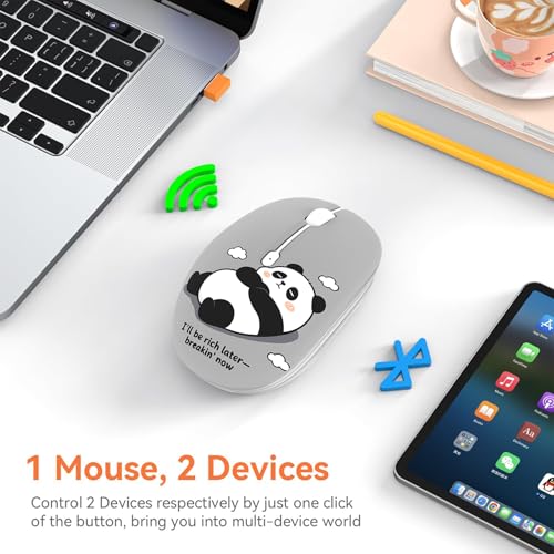 FMOUSE Cute Cartoon Silent Wireless Mouse, Dual Mode Bluetooth & USB 2.4G | Slack Off Panda Pattern, Ideal for Work Office Students Use | AA Battery Powered | Compatible with Laptop Mac iPad Tablet PC - color: Slack Off Panda
