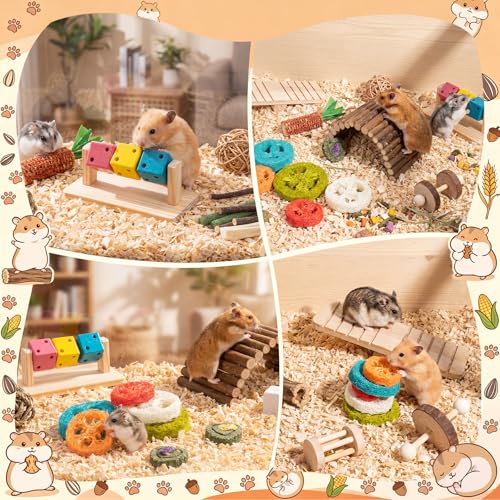 Leitee 30 Pcs Hamster Toys Set Small Animal Chew Toys Teeth Care Wooden Accessories Applewood Timothy Hay Mouse Toy Swing Seesaw Bridge for Guinea Pig, Chinchillas, Gerbils, Mice, Rats