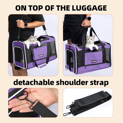 Cat Carrier Soft-Sided Travel Bag for Medium to Large Cat Over 15lbs | Small Puppy Dog Carry Crate 12 Pounds, Top Entry, Breathable Mesh, Pet Kitten Rabbit Cage Bag Transport Kennel Collapsible - color: Purple