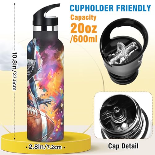 American Football Player Boys Insulated Water Bottle with Straw Lid,Vacuum Stainless Steel Mug Leakproof Tumbler Flask Rugby Kids Water Bottle for Sports Travel School,20oz - color: American Football Player