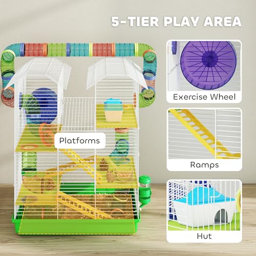 PawHut 18.5" 5 Tier Hamster Cage with Tubes and Tunnels, Green | Small Animal Cage, Rat Gerbil Habitat, Water Bottle, Food Dish, Exercise Wheel - color: Green