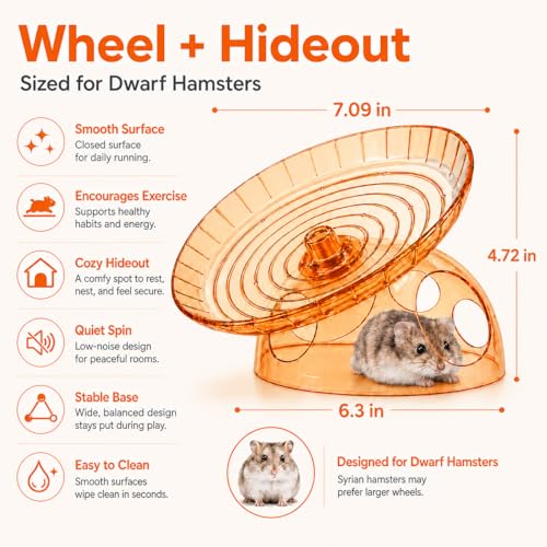 Silent Hamster Wheel with Hamster Hideout, Quiet Flying Saucer Exercise Wheel for Dwarf Hamsters, Stable Running Wheel, Small Animal Cage Accessory, Easy to Clean (Orange) | 2-in-1 flying saucer wheel with hideout, quiet spin, wide track, clear body, stab