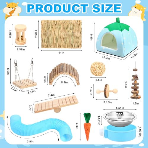 Youyole 13 Pcs Guinea Pig Starter Kit Hamster Toys Bed Guinea Pig Cage Accessories with Tunnel Grass Mats Pet Food Bowl for Christmas Chinchillas Hedgehogs Ferrets Rabbit Hideout Essentials(Blue) - color: Blue