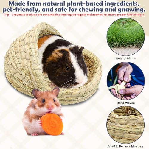 kathson Guinea Pig Grass House Guinea Pig Hideout Bunny Woven Hay Bed Hand Woven Natural Grass House for Hamster Bunny and Small Animals with Hay Chew Balls Toys(Small) - size: 7.87×6.29×5.11in,Small