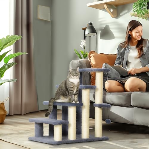 PawHut 4 Levels Cat Steps Pet Stairs Carpeted Ladder for High Bed Gray | Kitten Tree Climber, Scratching Posts, Hanging Play Ball, Side Step, for Sofa - color: Gray