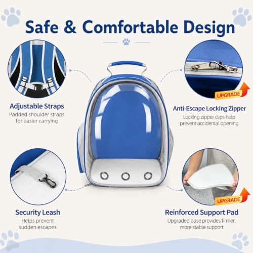 Expandable Cat Carrier Backpack with Bubble Window, Blue | Breathable mesh, anti-collapse frame, side door, safety leash and escape-resistant zippers for vet visits and outdoor travel. - color: Blue