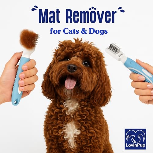 Pet Mat Remover – Professional Dematting Comb for Dogs and Cats | Dematting Comb w/Stainless Steel Rounded Teeth for Gentle Knot & Tangle Removal – Dog Dematting Tools & Dog Grooming Supplies - size: Mat Remover