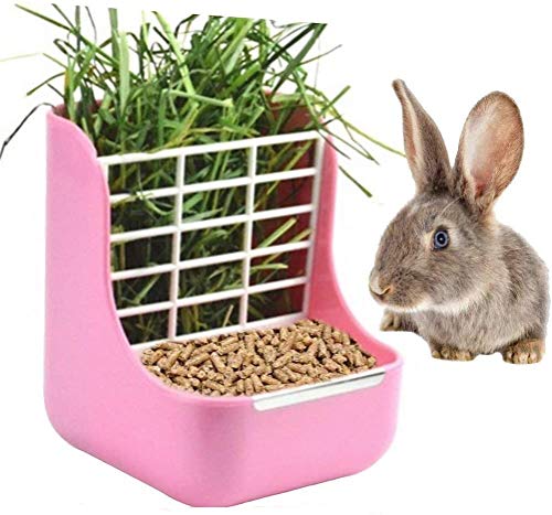 Rabbit Feeder, Hay Food Bin Feeder, Pink (Plastic), Adjustable, Removable Grass Rack, Stainless Steel Edge, for Rabbit, Guinea Pig, Chinchilla - color: Pink