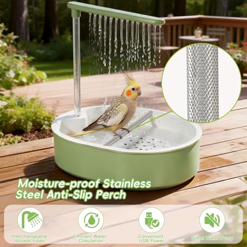 Parakeet Bird Bath - Parrot Shower for Budgie Cockatiel Lovebird and Conure | Stainless Perch, Adjustable Water Flow Fountain, Automatic, Large Parrot Shower, Indoor