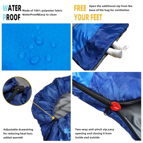 Sleeping Bags for Adults Kids - 3 Season Cold&Warm Weather Waterproof Camping Sleeping Bag - Lightweight Sleeping Bags for Camping Hiking Outdoor Travel - color: Tibetan Blue& Light Blue