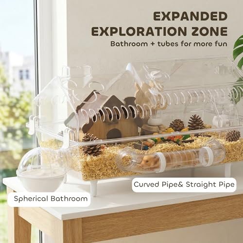 PawHut 8 in 1 PET Hamster Cage 21.5 x 11.8 x 12.6 Inches | Dwarf Hamster Cage, Large Wheel and Hideout, Small Animal Habitat, Accessories, Clear Pet House