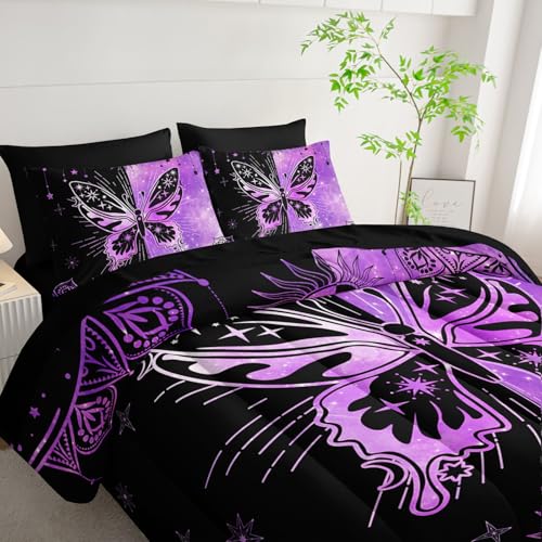7Pcs Animals Comforter Set Black Purple Butterfly Printed Bedding Set with 1 Comforter, 1 Flat Sheet, 1 Fitted Sheet and 4 Pillowcases for Boys and Girls Bedroom (Butterfly-3 Queen - color: Butterfly-3, size: Queen 90x90inches