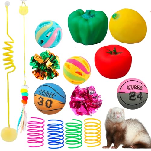15pcs Ferret Squeaky Toys Set Rubber Balls Ferret Teeth Grinding Chewing Balls Teething Bouncy Bell Ball Interactive Sound Squeaker Toy Exercise Scratch Chew Toy for Ferrets Pet Cat Dog Small Animals