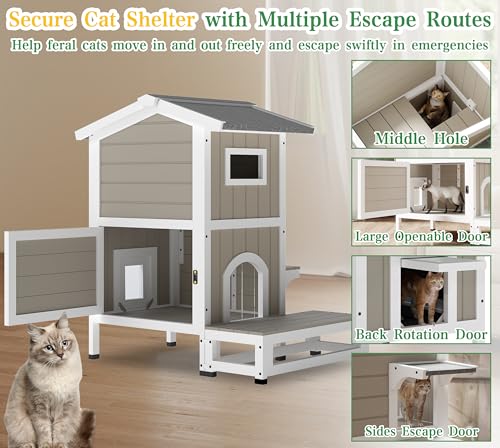 Outdoor Cat House Weatherproof Cats Shelter for Feral Kitten Pet Houses for 1-2 Small Animlas 2 Story Wooden Houses for Indoor Outdoor Cats with Escape Doors (29.7" D x 22.8" W x 35.4" H) - style: 29.7"D x 22.8"W x 35.4"H