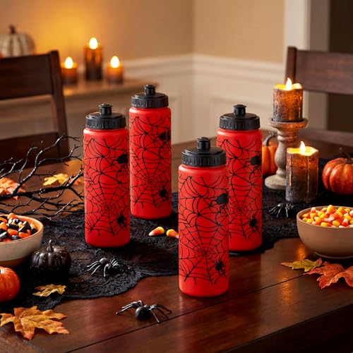 12 Pack 20 oz Spider Web Plastic Water Bottles Bulk, Red Reusable Squeeze Water Bottles with Pull Top Lid, Portable Leakproof for Spider Birthday Party Supplies, Party Favors - style: Spider