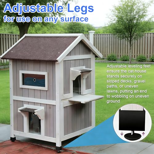 Rockever 2-Layer Outdoor Cat House, Weatherproof Wooden Outside Cat Shelter | Weatherproof grey wooden shelter with escape door, roomy resting spaces and secure protection for feral and outdoor cats