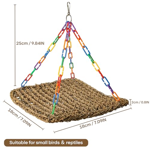 Natural Grass Bird Hammock, Climbing Perch for Pets | Woven grass pad fits cages and reptile tanks; 7.09x7.09in size provides climbing and resting space for small pet owners