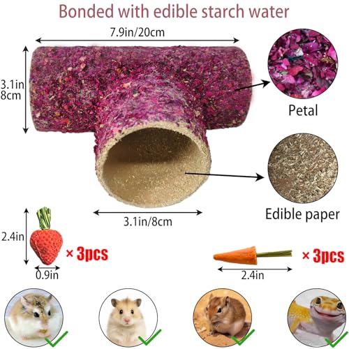 Hamster Hideout Tunnel Natural Hay & Dried Flower Paper Tube Maze Burrowing Habitat Decor for Dwarf Hamsters Gerbils Mice Syrian Hamsters (Rose Flower)