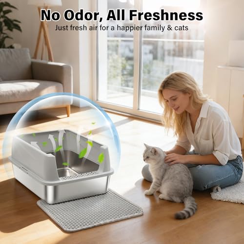 Stainless Steel Litter Box with Lid,Cat Litter Box for Kitten | Metal Kitty Litter Box for Small Cats,Non-Stick,Anti-Leakage,Easy to Clean,Include Scoop and Mat - size: M:17.5x13.6x8inch with Lid