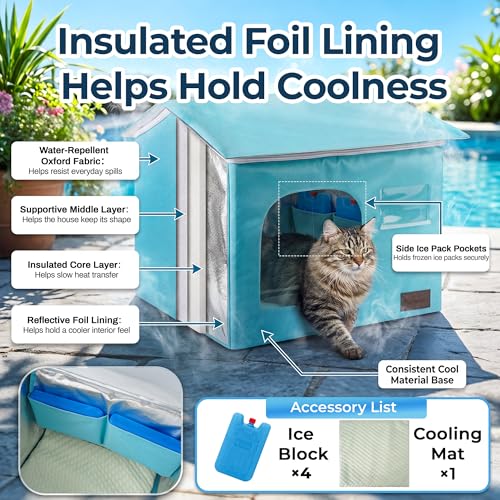 PatiencET Cat Cooling House for 1 Cat, Indoor Cooling Cat House for Summer, Blue Cat Hideaway Bed with Side Ice Packs, Insulated Foil Lining - size: Medium