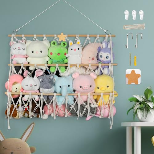 Starry Stuffed Animal Net Hammock Wall Hanging Handmade Boho Macrame Toy Hammock Organizer Holder Display Hanging Plush Toy Net for Corner Wall Stuffed Animal Storage(29.9" H x 31.5" W)