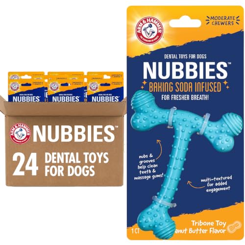 Arm & Hammer Nubbies T-Bone Dental Dog Chew Toy, Peanut Butter, 24-Pk | Durable nylon and TPR nubs clean teeth and gums, built for aggressive chewers - color: Blue T-Bone, size: 24 Count