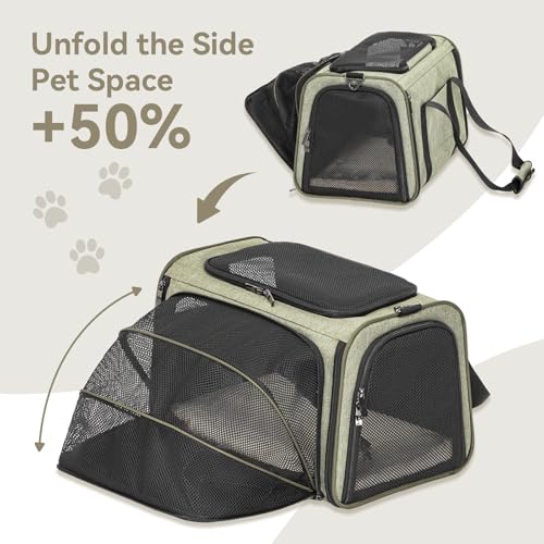 Petsfit Medium Expandable Cat Carrier for Air Travel, Up to 13 lb | 17 x 11 x 11 in; sized for Delta Airlines, with locking zippers, a handy D-ring, large pocket and multi-side ventilation. - color: Green, size: 17.0"L x 11.0"W x 11.0"H